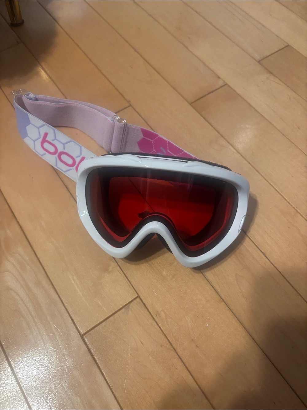 bolle White Frame Ski Goggles with Pink Strap and Red Lens